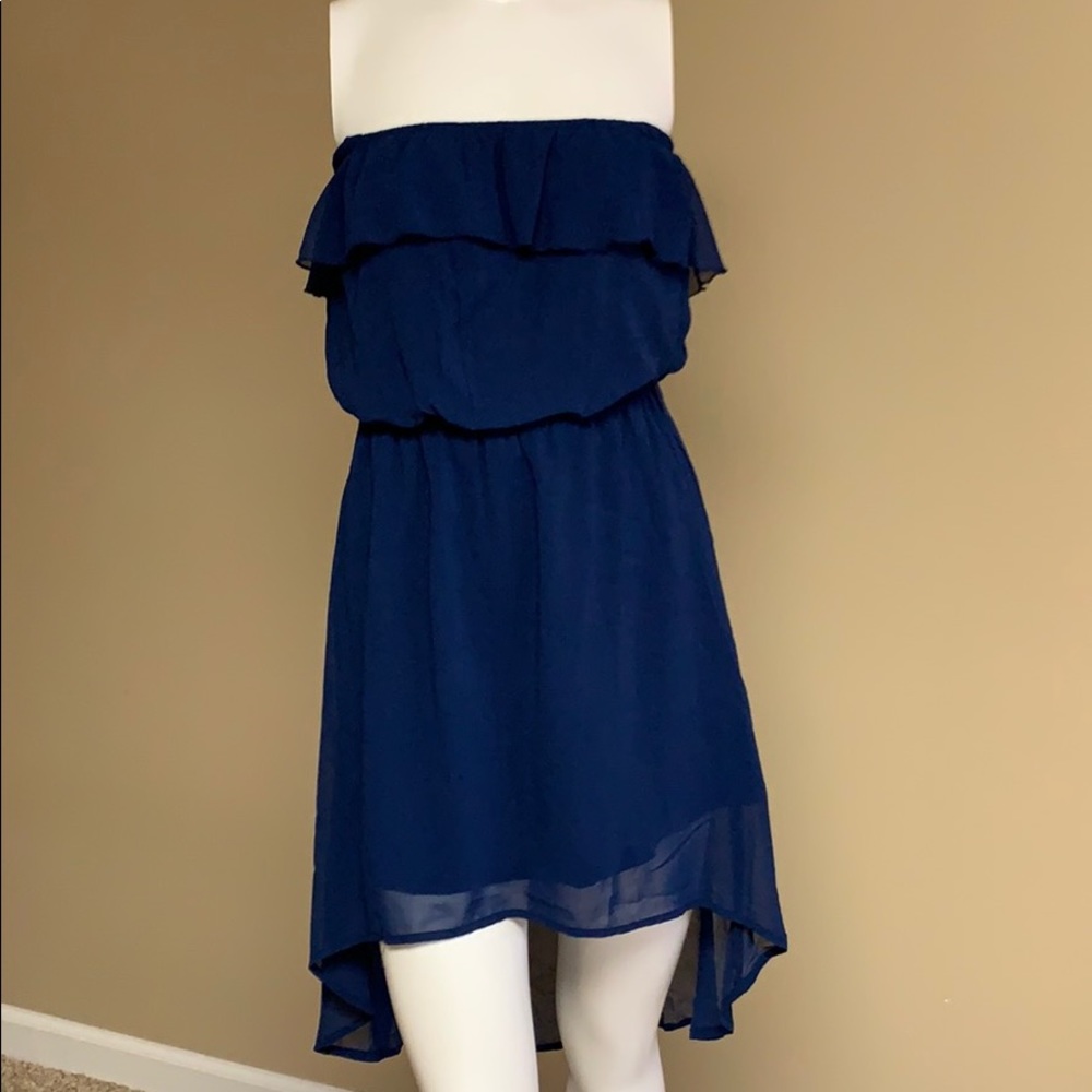 Blue strapless high low dress.